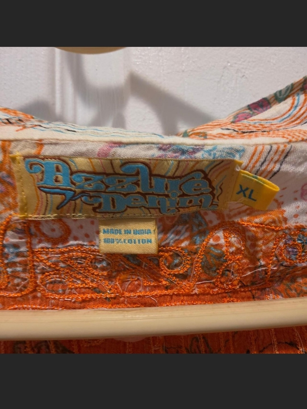 Vintage Da-Nang Boho Azure Denim Artistic Print Blouse - Picture 3 of 4